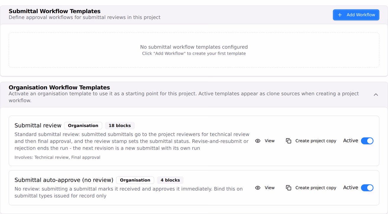 A tool settings Workflows tab, with an empty project templates card above a card listing the organisation templates activated for the project.