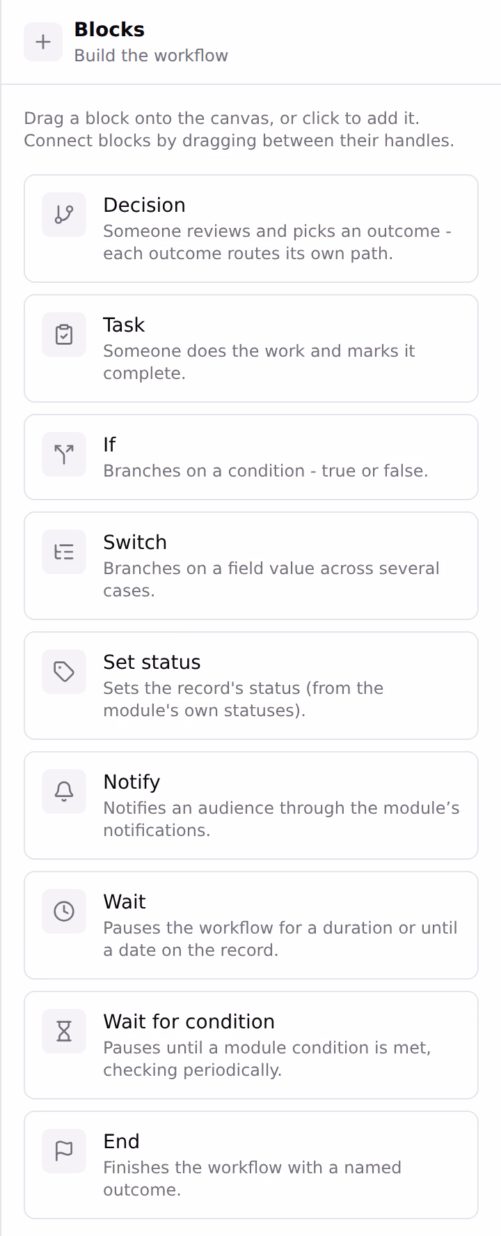 The workflow builder block palette, listing the decision, task, if, switch, set status, notify, wait, wait for condition and end blocks.