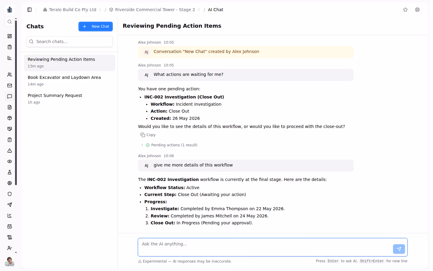 AI assistant summarising pending action items and workflow details