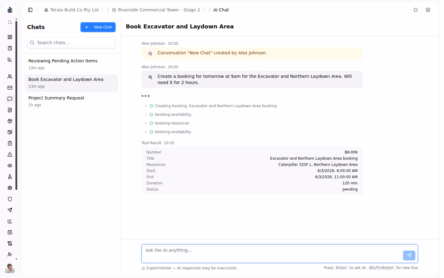 AI assistant creating a resource booking from a plain-language request