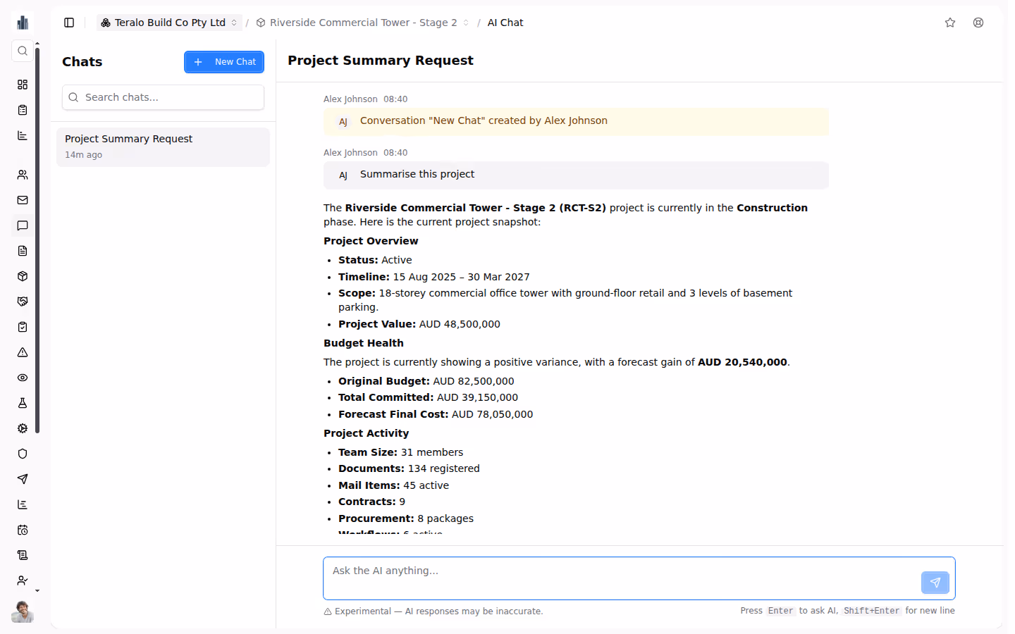 AI chat answering questions about the project
